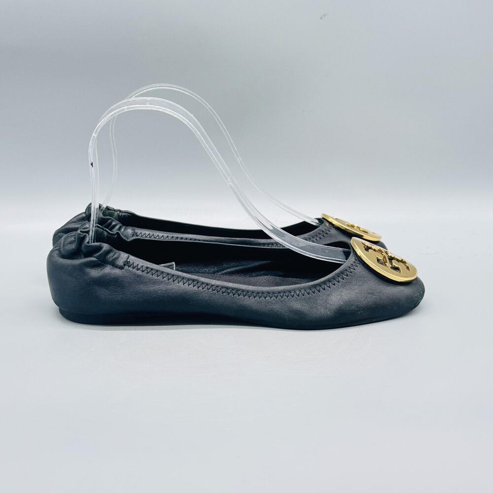 Tory Burch Shoes Womens 6 Black Leather Reva Ballet Flats Gold Logo Slip On